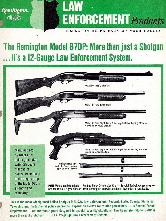 Ничто не ново под солнцем: рекламный плакат 1970-х годов, описывающий дробовик Remington 870 для полиции. Обратите внимание на короткие стволы, складывающийся приклад, прицельные приспособления и увеличенные магазины.