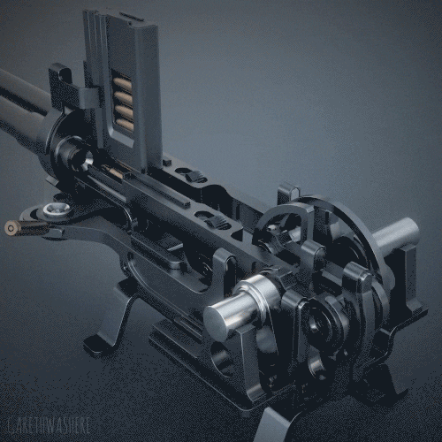 Пулемет системы Гарднера. Принцип работы данного двуствольного пулемета основывается на механическом ударно-спусковом механизме, который приводится в движение вращением ручки.