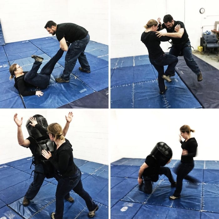 Знаток боевых искусств Кэт Лория демонстрирует техники обезвреживания возможного насильника во время тренировки.
