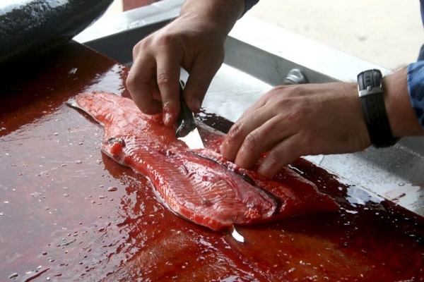 Автор удаляет рёбра с филе дикого лосося